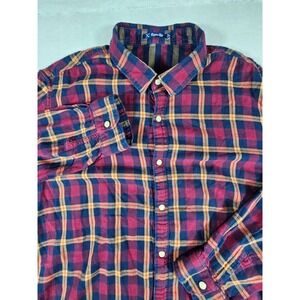Numero Uno Mens XL Plaid Flannel Button Down Shirt Burgundy Navy Blue Yellow